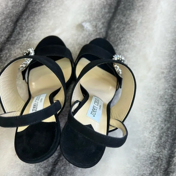 Jimmy Choo Saphie 120 mm Crystal Charm Black Suede Platform Heels - Picture 3 of 10